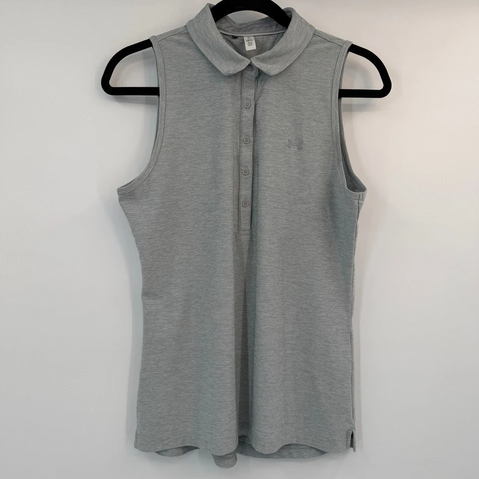 Under Armour Damen HeatGear ärmelloses Poloshirt grau meliert tailliert Medium - Bild 1 von 4