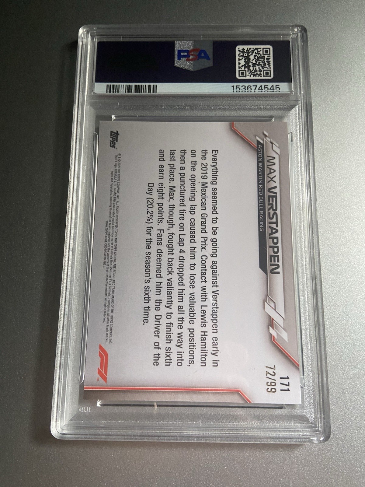 Max Verstappen 2020 Topps Chrome F1 Aqua Refractor #171 PSA 8 #72/99 Red Bull view 2
