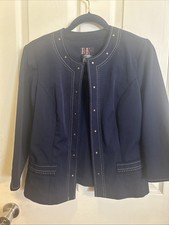 R K Women Navy Blazer Size 8 Jacket 3/4 Sleeves W/tan Trimming Work Office
