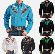 Mens Casual Buttons Down Western Cowboy Shirt Long Sleeve Retro Printed Shirts P
