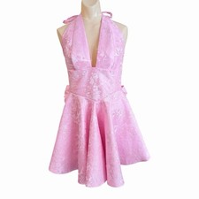 Pink Floral Jacquard Halter Backless Lace-Up Bow Fit & Flare Dress Size XL