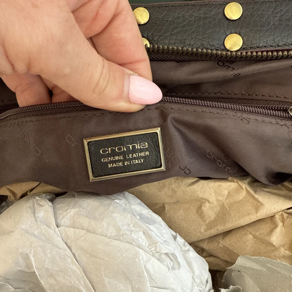 CROMIA ITALY SATCHEL DOCTOR HAND BAG CALF HAIR/leather COMBO BROWN/ GOLD COLORS - Image 4 of 4