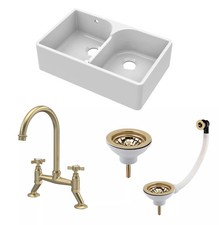 Fireclay Kitchen Sink Bundle - 795mm Double Bowl Butler Sink with Stepped Weir,