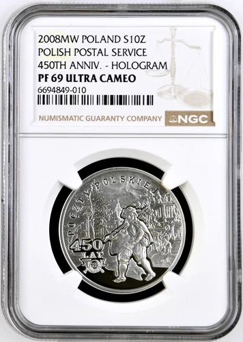 Poland 10 Zlotych 2008  Proof NGC PF69 UC Silver  Polish Postal Services