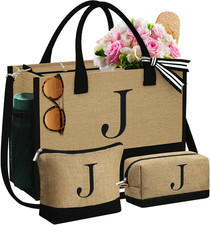 Mothers Day Gifts - Initial Jute Tote Bag  2 Makeup Bags Personalized Gifts for