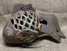 Vintage Heavy Cast Iron Koi Fish Goldfish Hanging Candle Lantern Holder S22