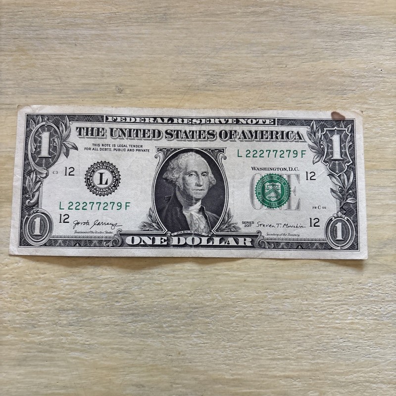 Trinary Fancy Serial Number One Dollar Bill, L 22277279  2017