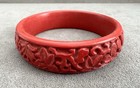 Vintage .75" Wide Carved Red CINNIBAR BANGLE BRACELET 8" Flowers Leaves — photo 1