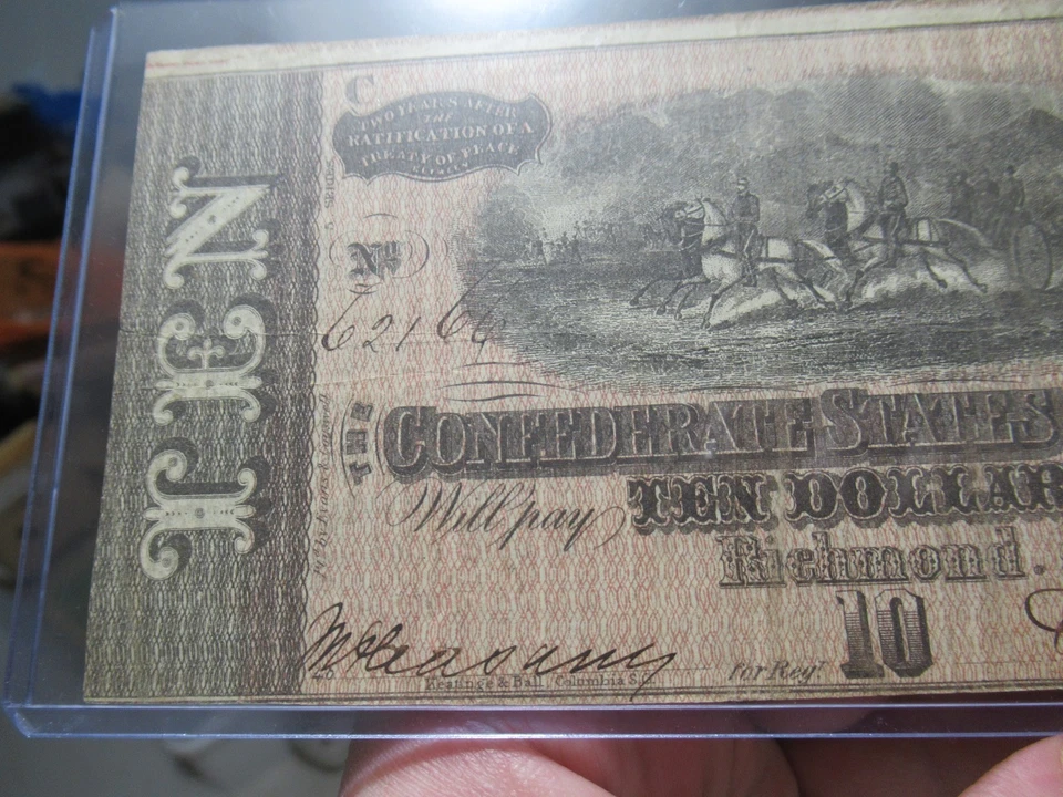 1864 $10 Confederate States CSA Civil War Banknote Richmond Currency S# 6/21/66 - Image 4 of 4