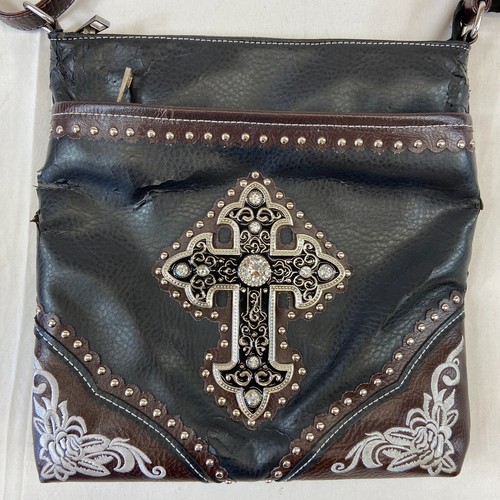 Womens Crossbody Bag Cross Purse Studded Bling Black Pockets Adjustable Strap - Picture 2 of 8
