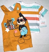 DISNEY BABY 2 pc set mustard/white w/stripes MICKEY CHILL motif size 0-3 months