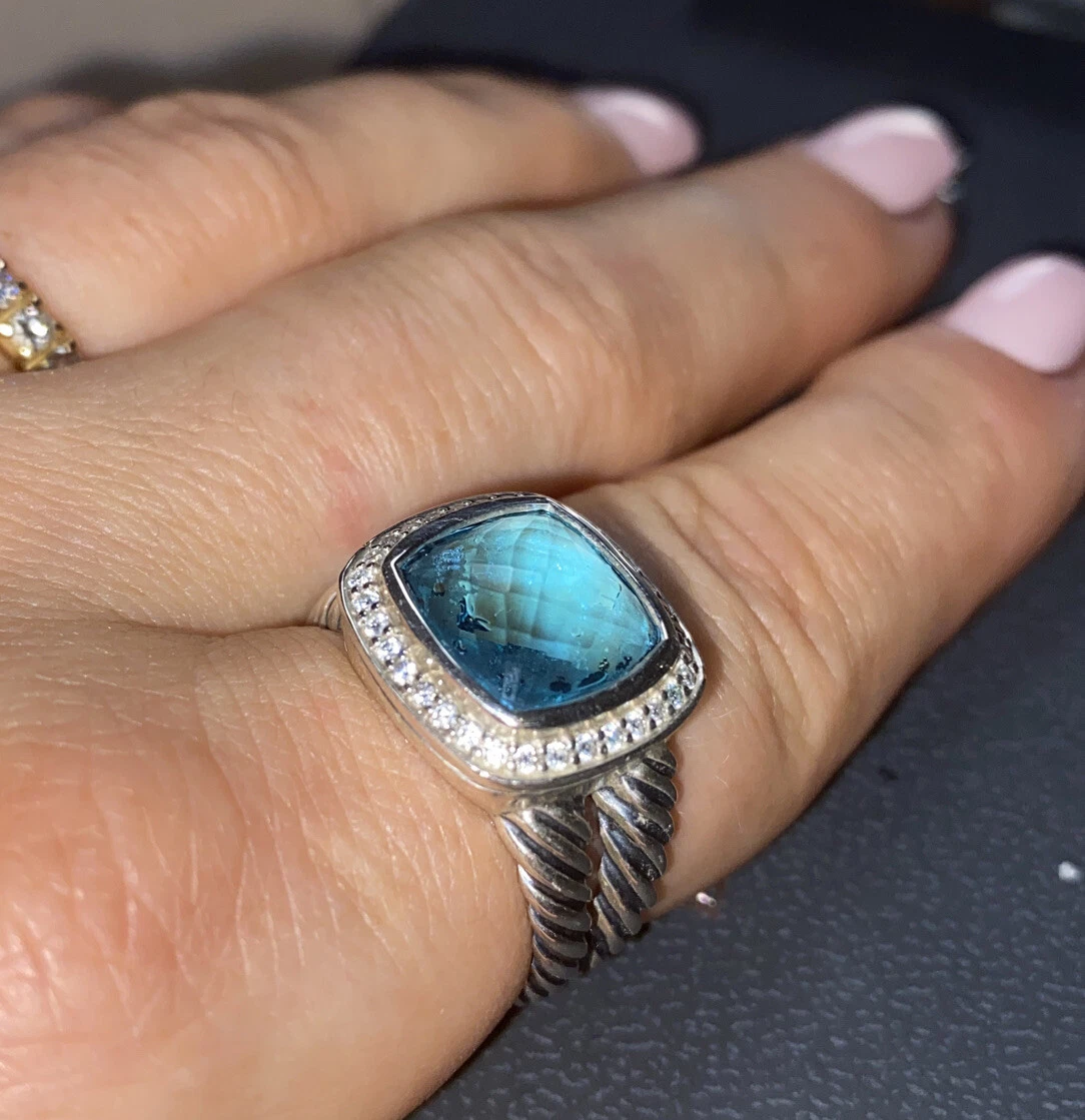 David Yurman Sterling Silver Albion Ring 11mm with Blue Topaz and Diamonds Sz 9