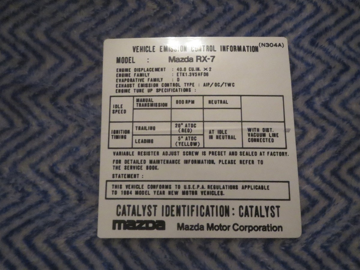 1984 MAZDA RX7 FUEL INJECTION ENGINE EMISSIONS DECAL STICKER FOR
