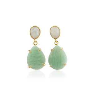 Authentic Moonstone & Amazonite Gold Plated Double Stone Dangle Earrings For Women