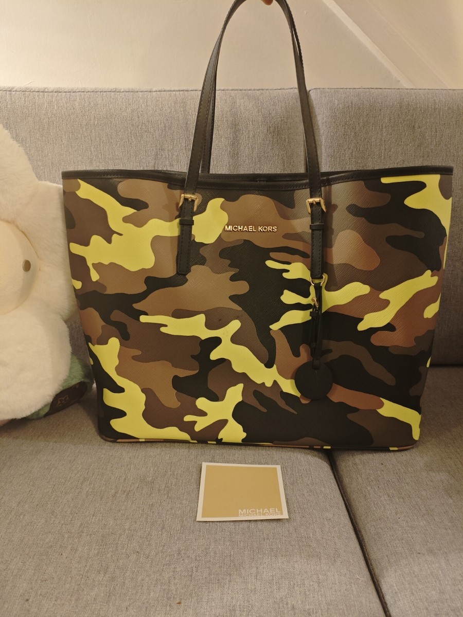Michael Kors Camouflage Print Yellow Canvas Tote Shoulder Jet Set