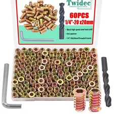 60PCS Threaded Insert Furniture Screw In Wood Nut Inserts Fastener Bolt 1/4" 20