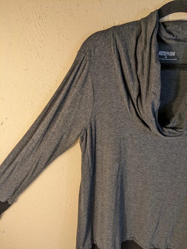 Kenneth Cole REACTION Mujer XL Gris Negro Capucha Cuello L/S Dobladillo Dividido Entrenamiento Top Foto 4 de 4