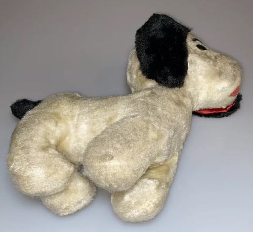 Vtg White Plush Puppy Dog Stuffed Animal 12” Red Satin Black Ears - Picture 3 of 5