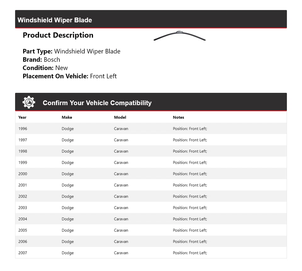 For 1996-2007 Dodge Caravan Bosch ICON Windshield Wiper Blade Front Left 1997 - Image 2 of 4
