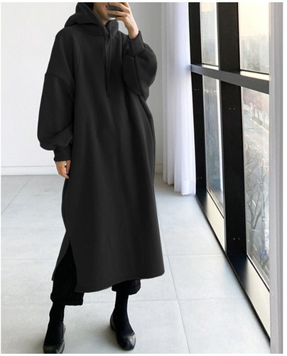 Felpa donna calda pile A-Line felpa con cappuccio abito pullover oversize top lungo - Foto 21 di 49