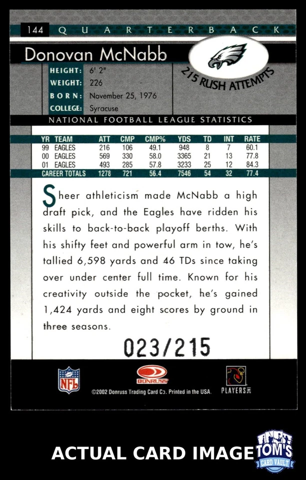 2002 Donruss #144 DONOVAN MCNABB Philadelphia Eagles #/215 NM - Image 2 of 4