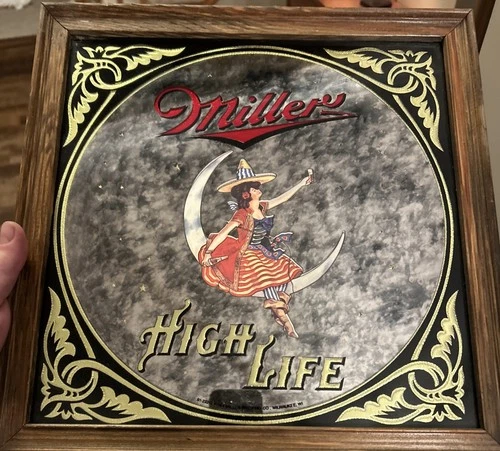 Vintage Miller High Life Beer Mirror Sign Girl On The Moon 1984 Bar Man Cave Pub