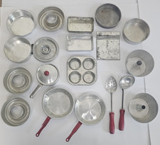 Vintage Mini Kitchen Aluminum Toy Cookware 18 pieces Pots Baking Pans Red Handle