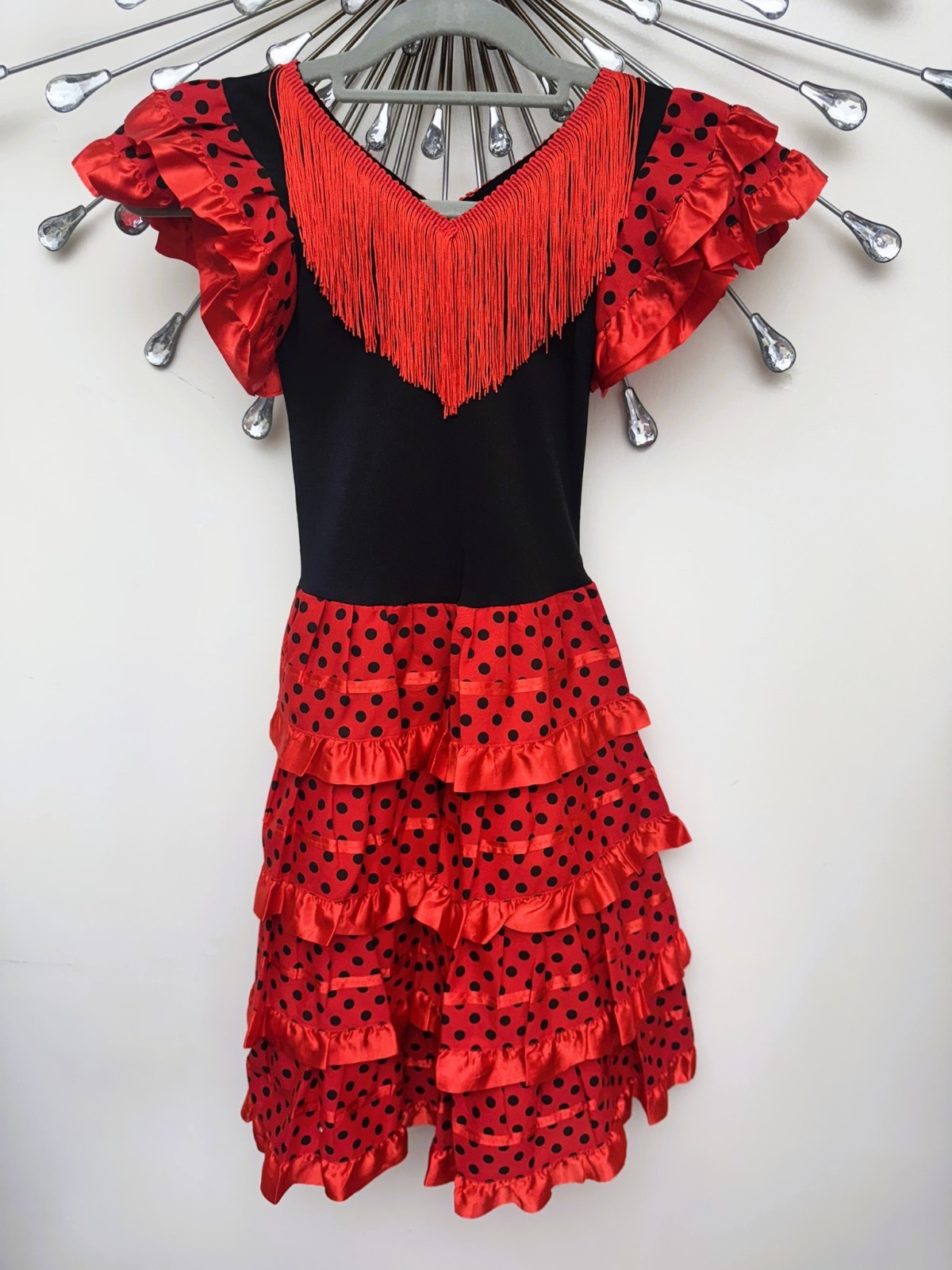 Vestido Flamenco Español Niñas Rojo y Negro Lunares con Vestido Volantes - Edad 7-10 Nuevo con Etiquetas