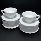 Westmoreland Milk Glass Paneled Grape Group of 4 Cup and Saucer Sets Vtg 50s