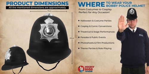 Erwachsene schwarz englisch Bobby Polizei Helm britischer Polizist Hut Kostüm Zubehör - Bild 3 von 9
