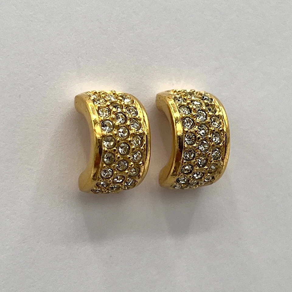 Christian Dior Earrings Gold Crystal Hoop Huggie Vintage 1980 Authentic Diamante - Image 3 of 4