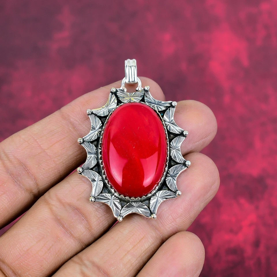 Pingente de prata esterlina 925 feito à mão pedras preciosas de coral vermelho sólido - Imagem 2 de 4