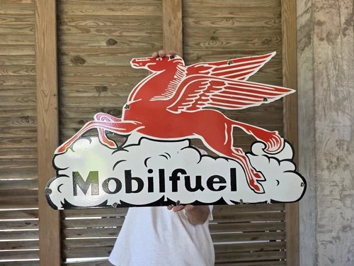 VINTAGE MOBILFUEL PEGASUS PORCELAIN ENAMEL SIGN 30 X 18 INCHES