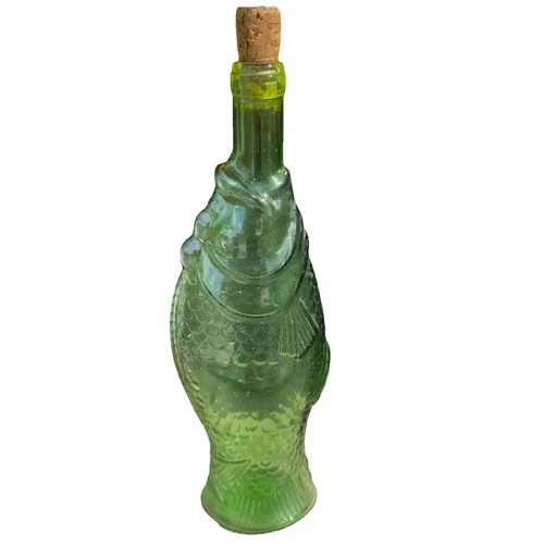 Vintage 1960's Federal Glass Green Fish Bottle Wine Decanter w/ Cork 13"