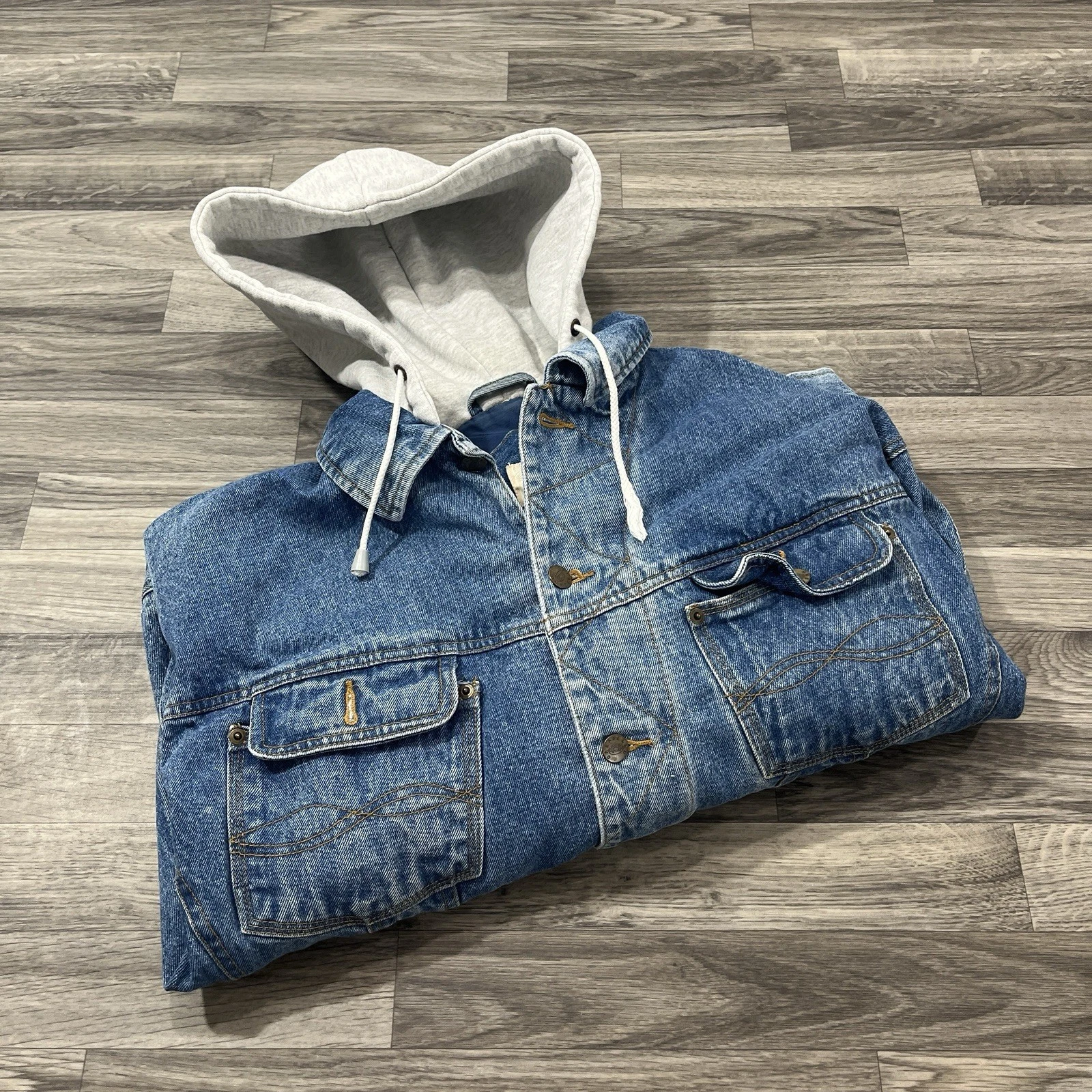 GreatLand Hooded Denim Jacket Mens Large L Blue Trucker Jean Coat Vintage