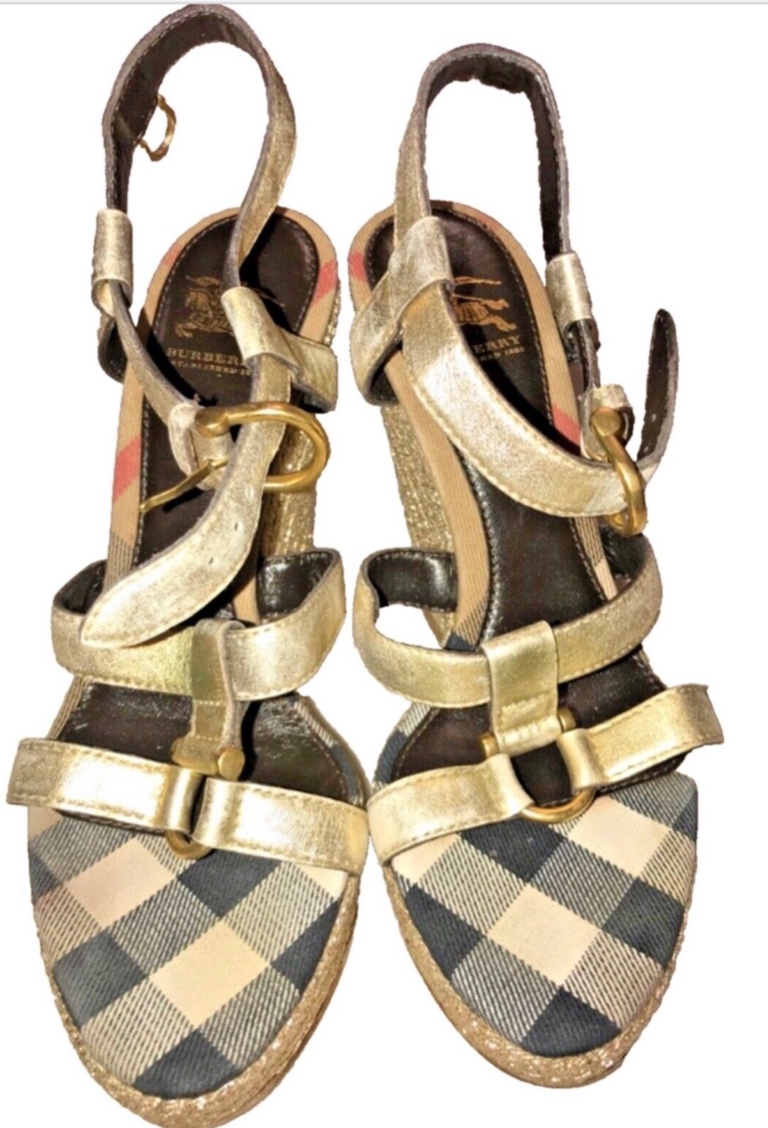Burberry Gold Leather Nova Check Strap Wedge Buckled Sandals SZ 38 thumbnail 7