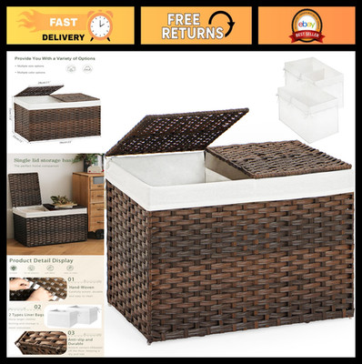 Woven Storage Basket with Lid, 17.2 Gallon, Foldable, 2 Removable Liners, Brown