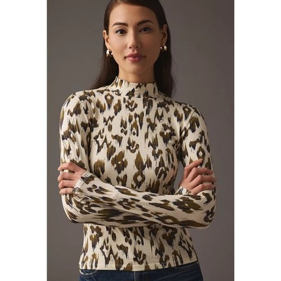 ANTHROPOLOGIE Scotch & Soda Leopard Print Mock Neck Top Fitted Stretch | XS