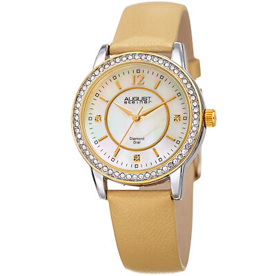 Women's August Steiner AS8227GLD Diamond Dial Crystal Bezel Leather Strap Watch