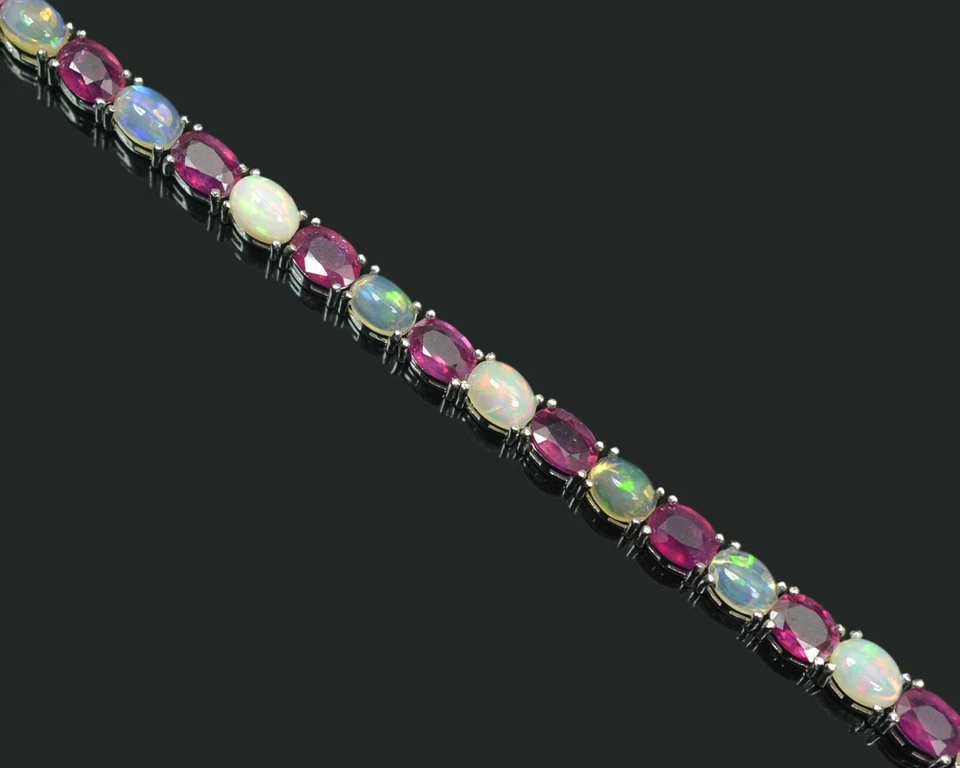 Brazalete de tenis de plata de ley 925 con piedras preciosas de ópalo y rubí etíope natural Foto 3 de 4