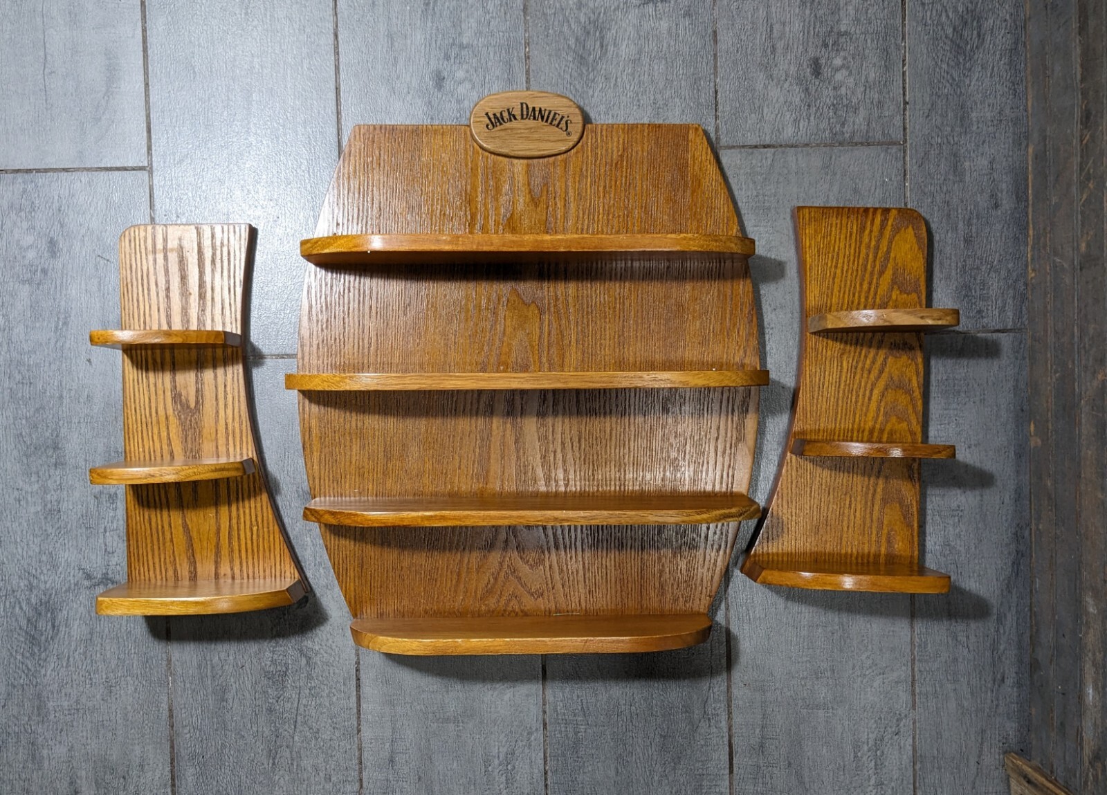 Set of 3 Jack Daniels Shot Glass Wood Wall Shelf Barrel, Wing Legends