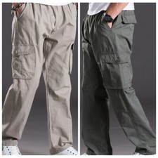 Men Casual Cargo Pants Combat Baggy Fishing Trousers Elastic Waist Work Wear