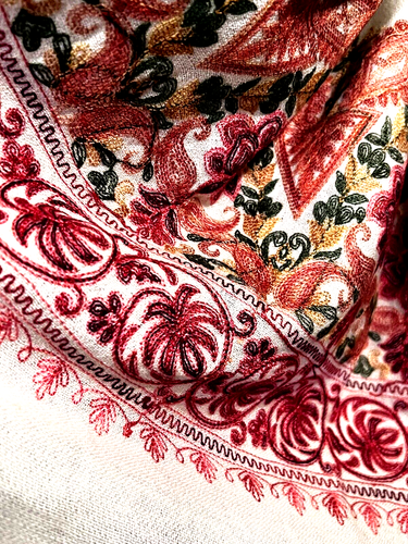 Kashmiri Stoles 100% Pure Embroidered Florals Ivory/Reds Pinks Orange Grn Fringe - Picture 9 of 10