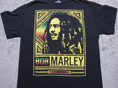 BOB MARLEY Roots Rock Reggae T-SHIRT Mens LARGE Big Face Distressed Print Gold L