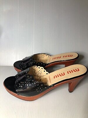 Miu Miu Black Patent Leather Platform Wooden Heels Sandals Miu Miu Black Patent Leather Platform Wooden Heels Sandals