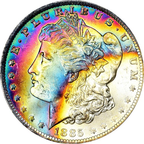 1885o PCGS MS65 Stacks CMQ Sticker NEON Rainbow Toning Morgan Silver Dollar CC
