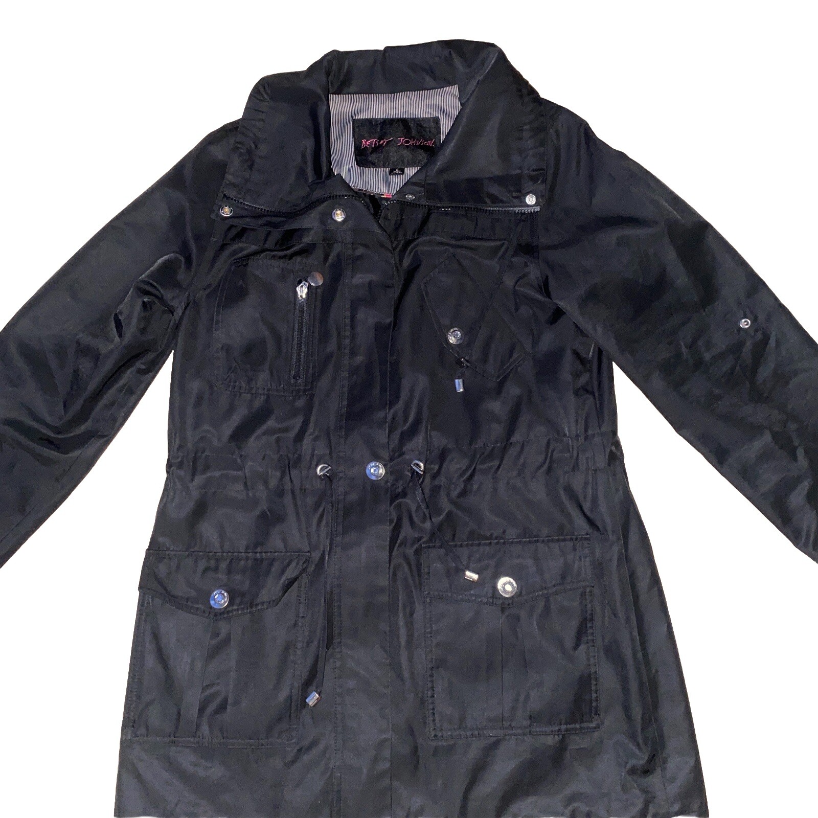 Betsey Johnson Raincoat Womens Small Button & Zip Trench Midi Detective Jacket