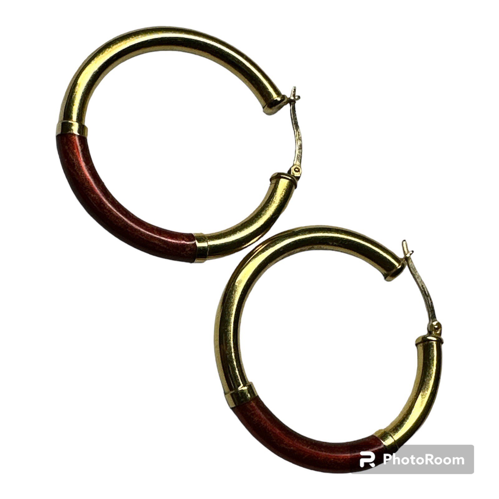 18k Solid Gold Hoop Earrings Large Tubular Red Enamel… Gem