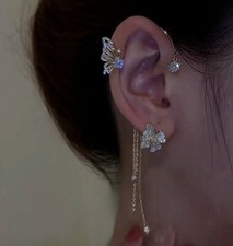Women Sterling Silver Butterfly Earrings Ear Cuffs Climber Wrap Around Earrings