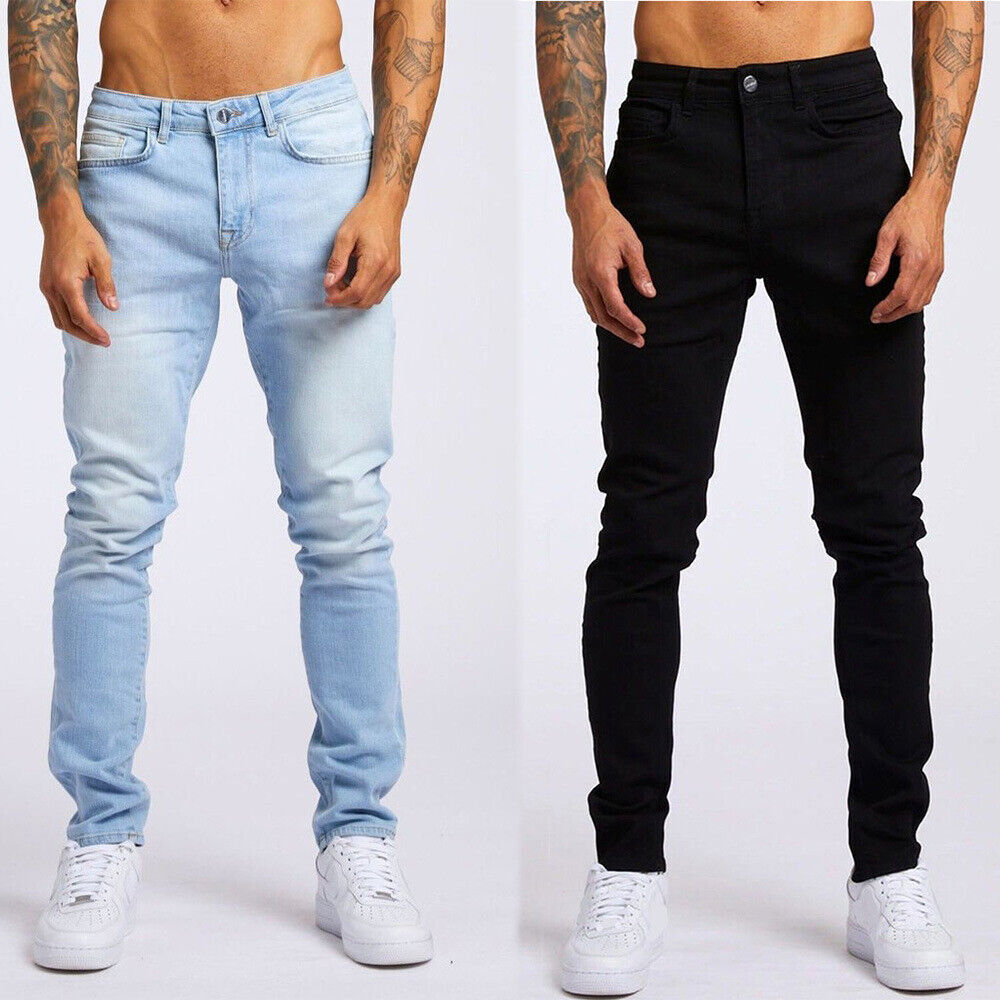 New Men Jeans Slim Fit Skinny Stretch Denim Trousers Cotton Pants Solid Color